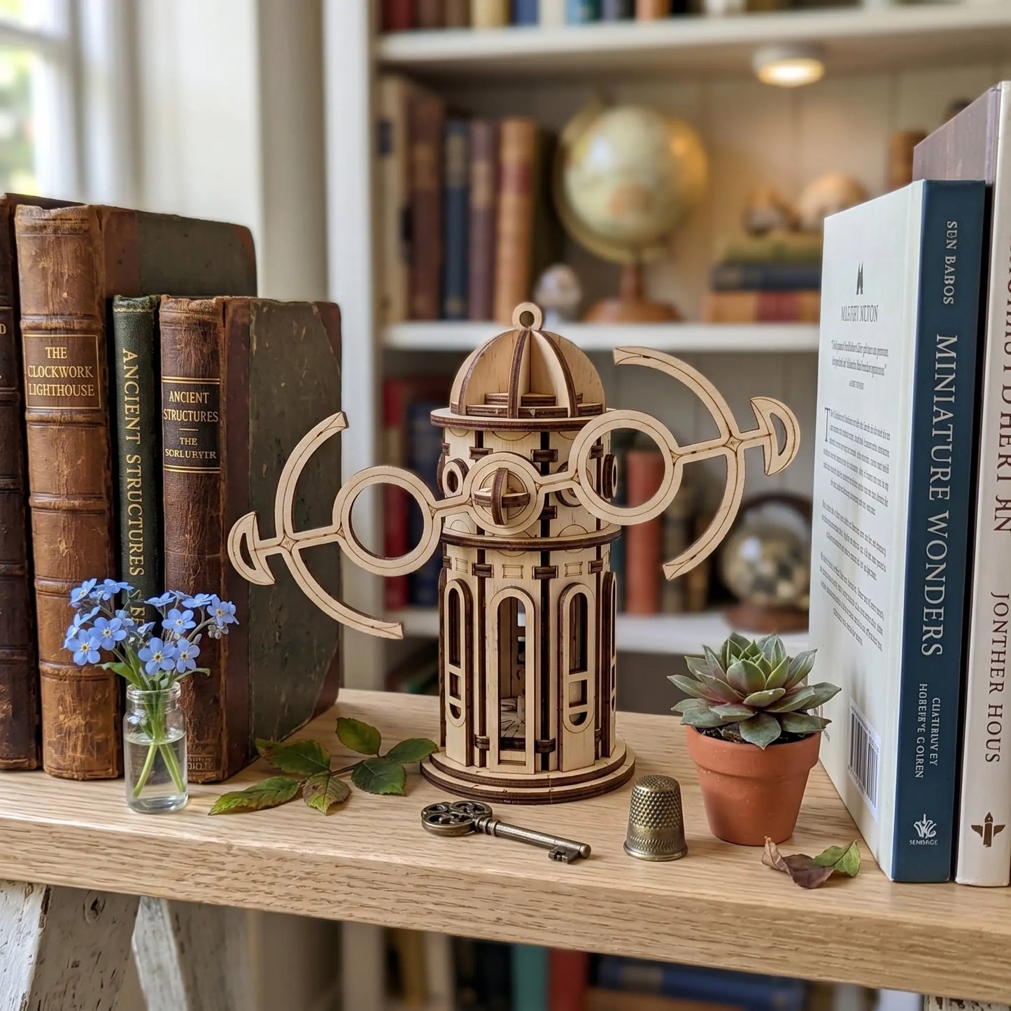 Wooden laser cut windmill model of a decorative lantern on a shelf with books and small plants.