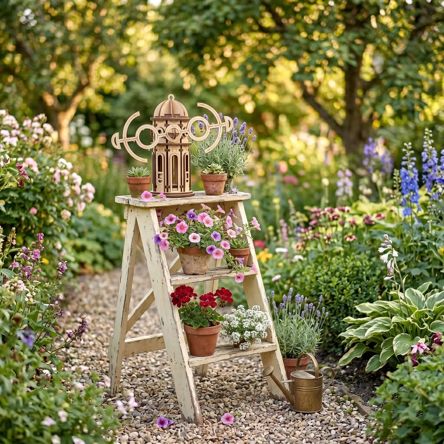 Decorative wooden windmill with potted plants in a garden setting