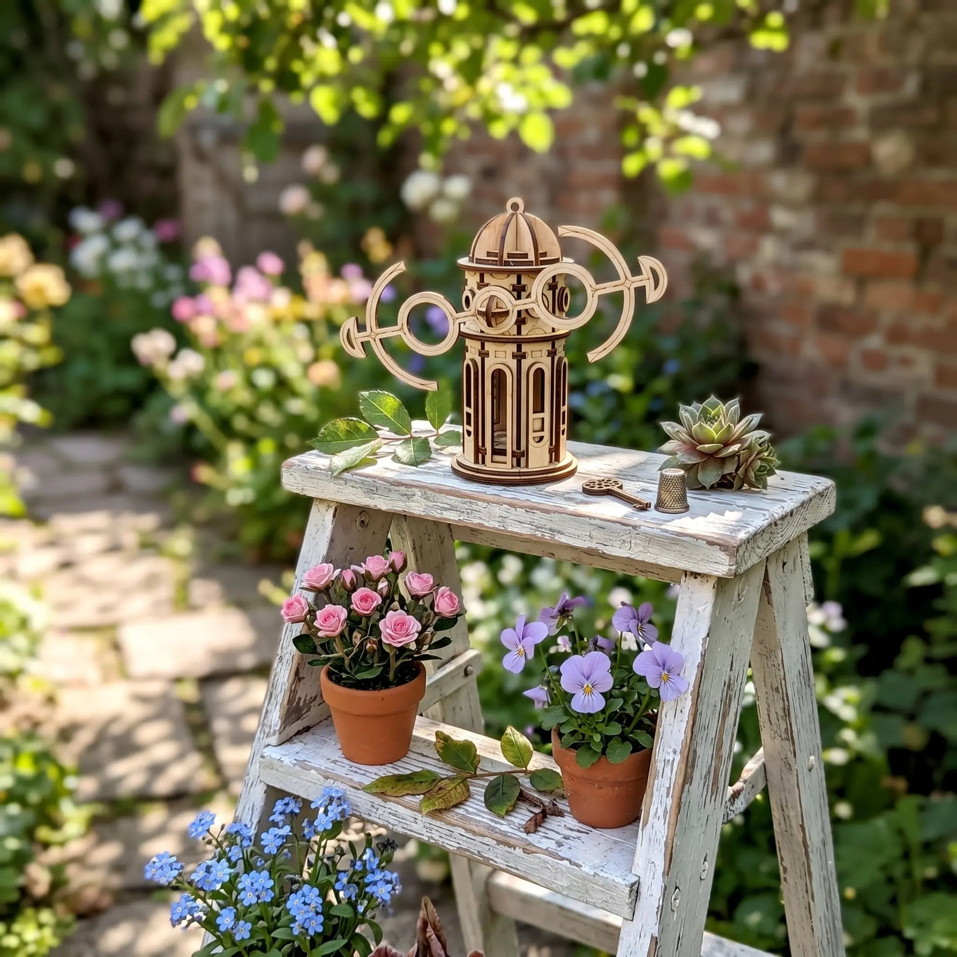 Decorative wooden windmill on a white wooden ladder with potted plants in a garden setting.