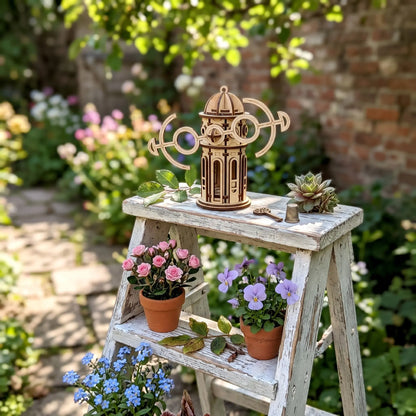 Decorative wooden windmill on a white wooden ladder with potted plants in a garden setting.