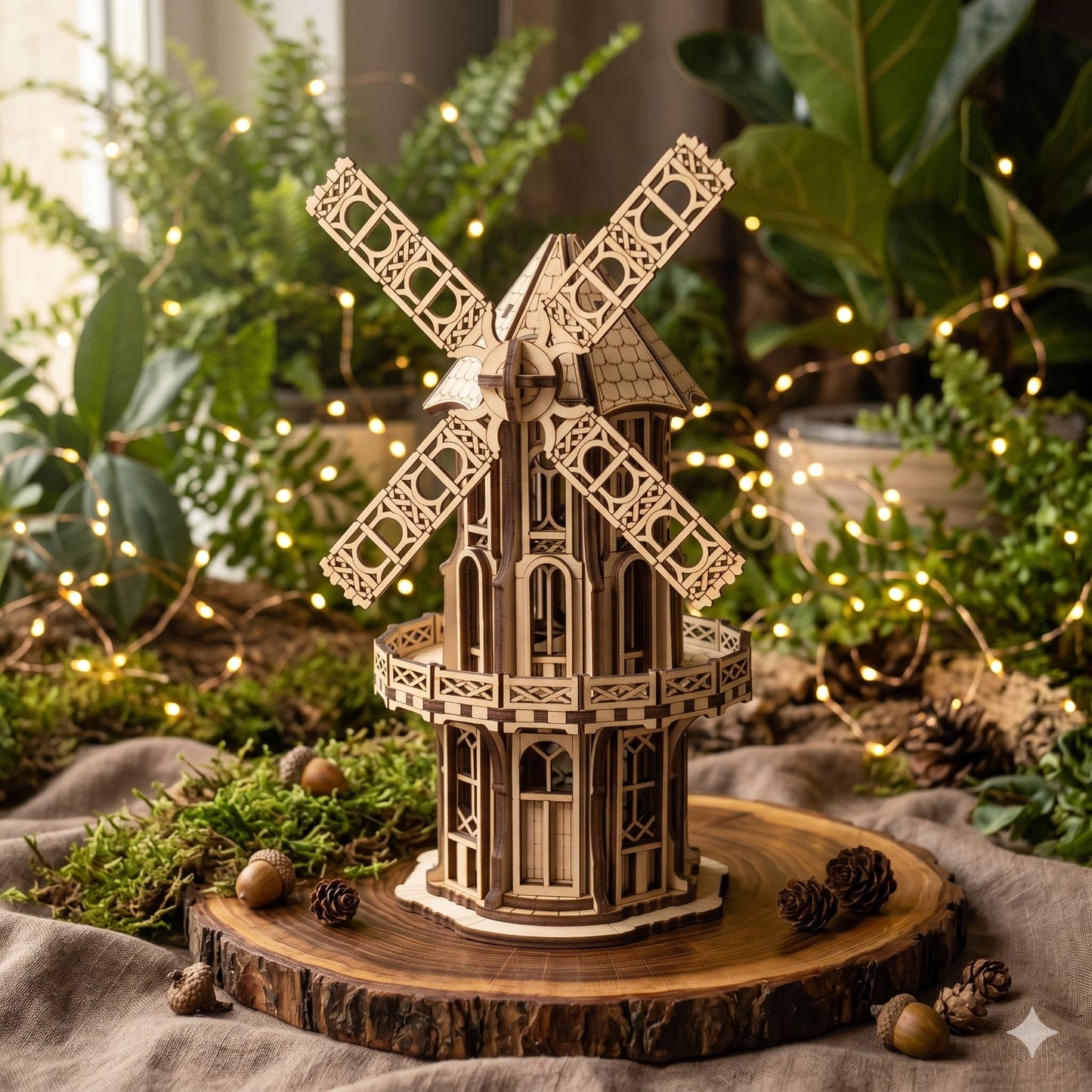 Wooden laser cut windmill model on a wooden base with plants and lights in the background