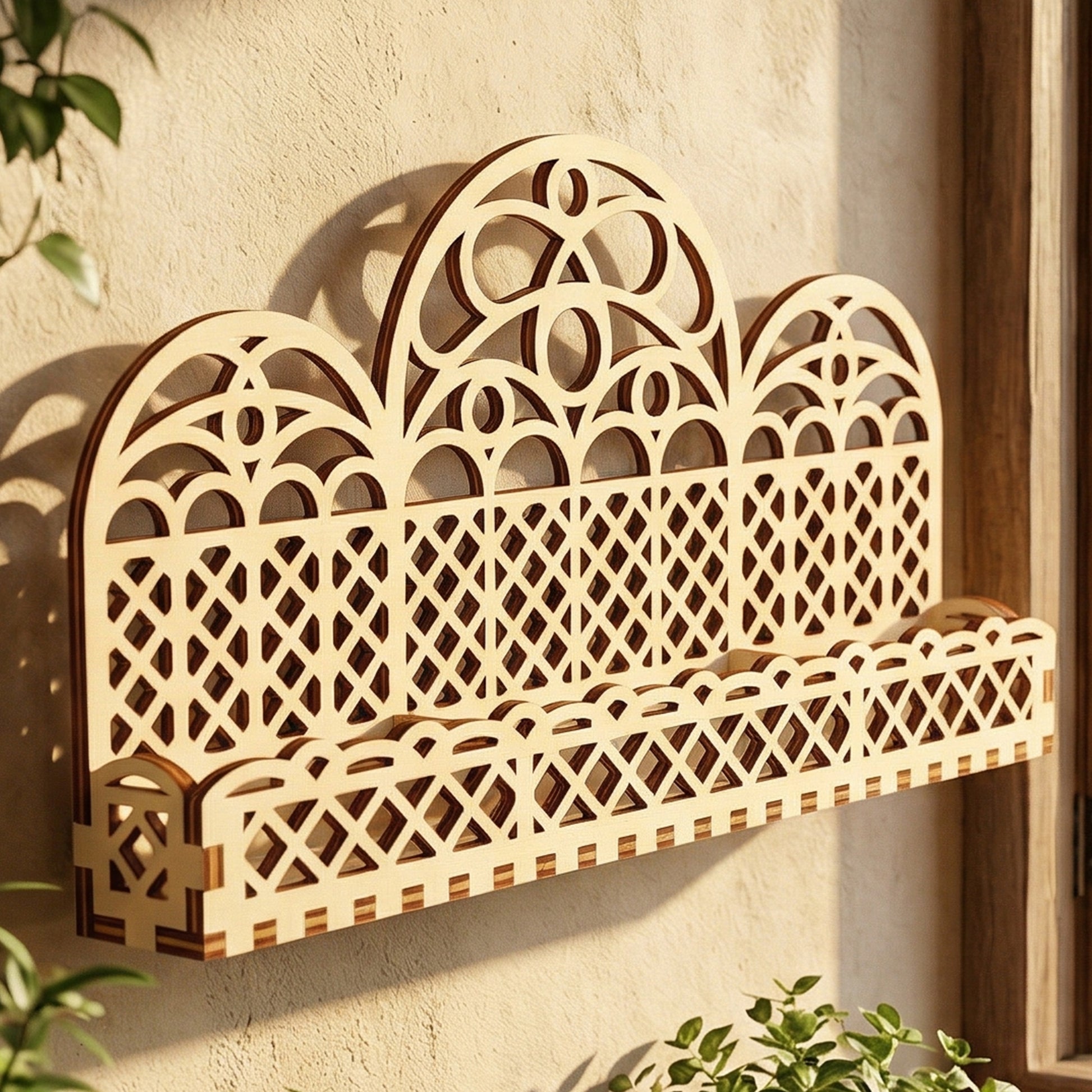 Close-up of a triple-arch wooden wall shelf made from laser-cut plywood. The design features high-contrast dark edges and a beautiful geometric lattice. A versatile home decor piece designed for holding small plants, herbs, or decorative collectibles.
