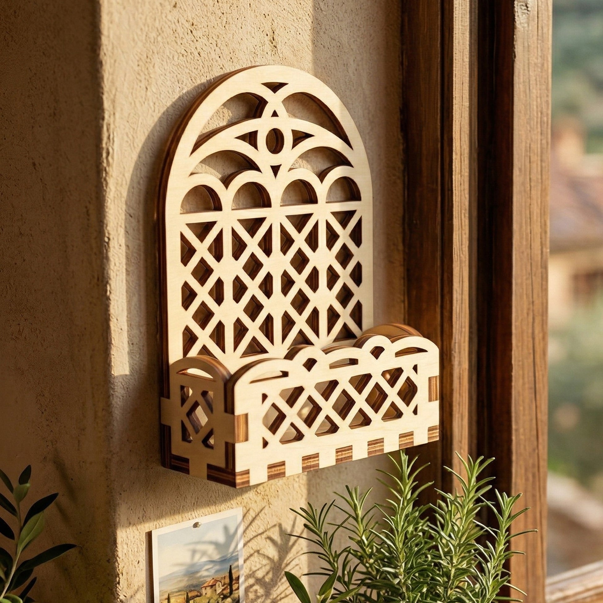 A single-arch laser-cut plywood planter shelf mounted on a narrow wall section. This compact version features a gothic arch silhouette and detailed lattice work. Posed in warm sunlight near a window to showcase its use as a stylish indoor plant holder.