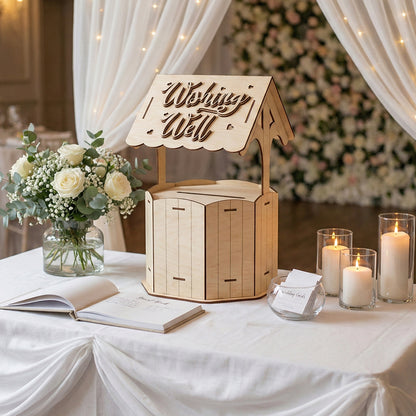 Decorative Wishing well made of laser cut plywood, positioned in a romantic event setting background with candles and flowers.