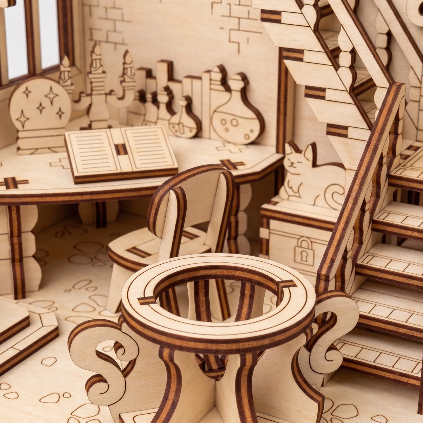 Laser cut book nook model details: table, cat, chair and stairs