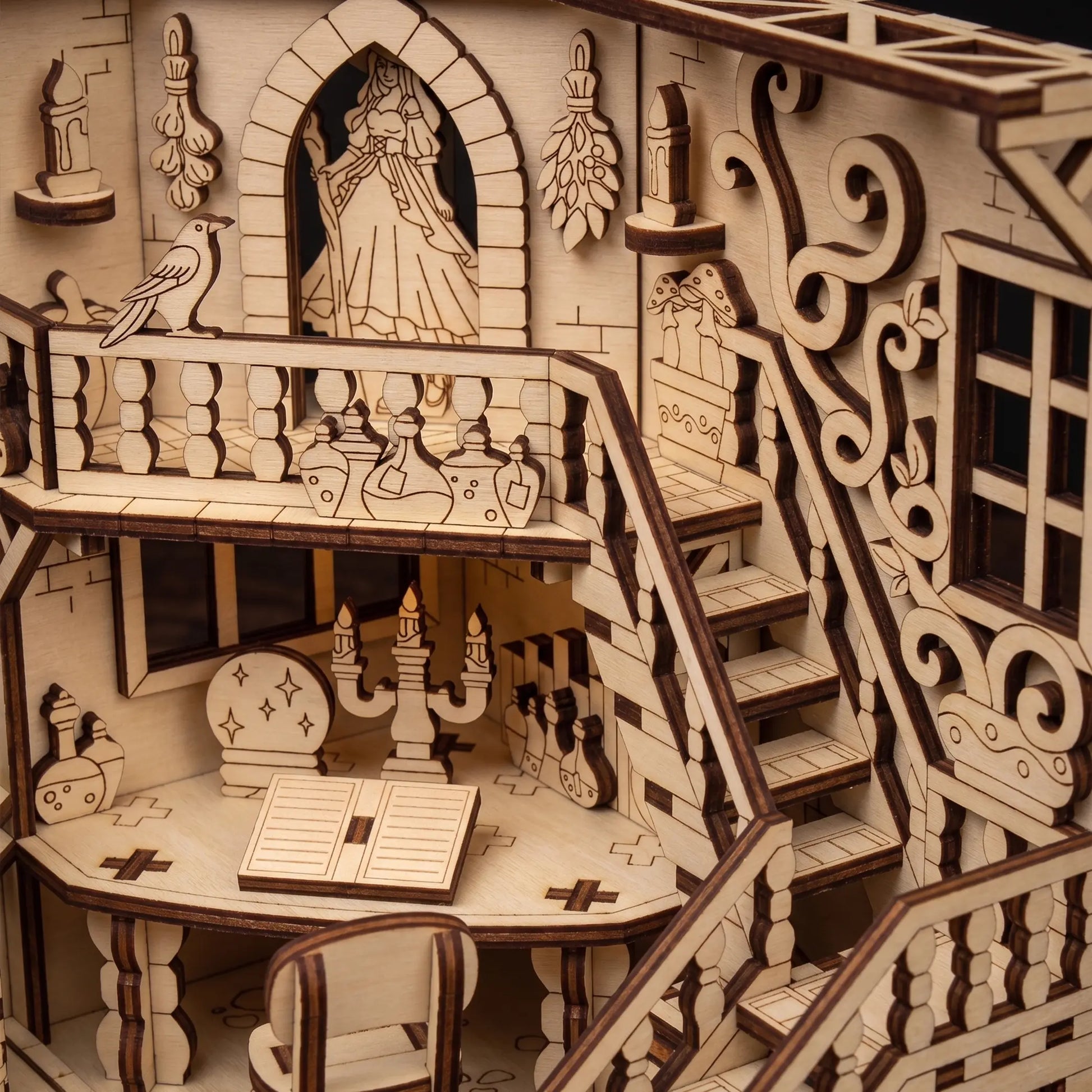 laser cut book nook model of a detailed interior with stairs and decorative elements
