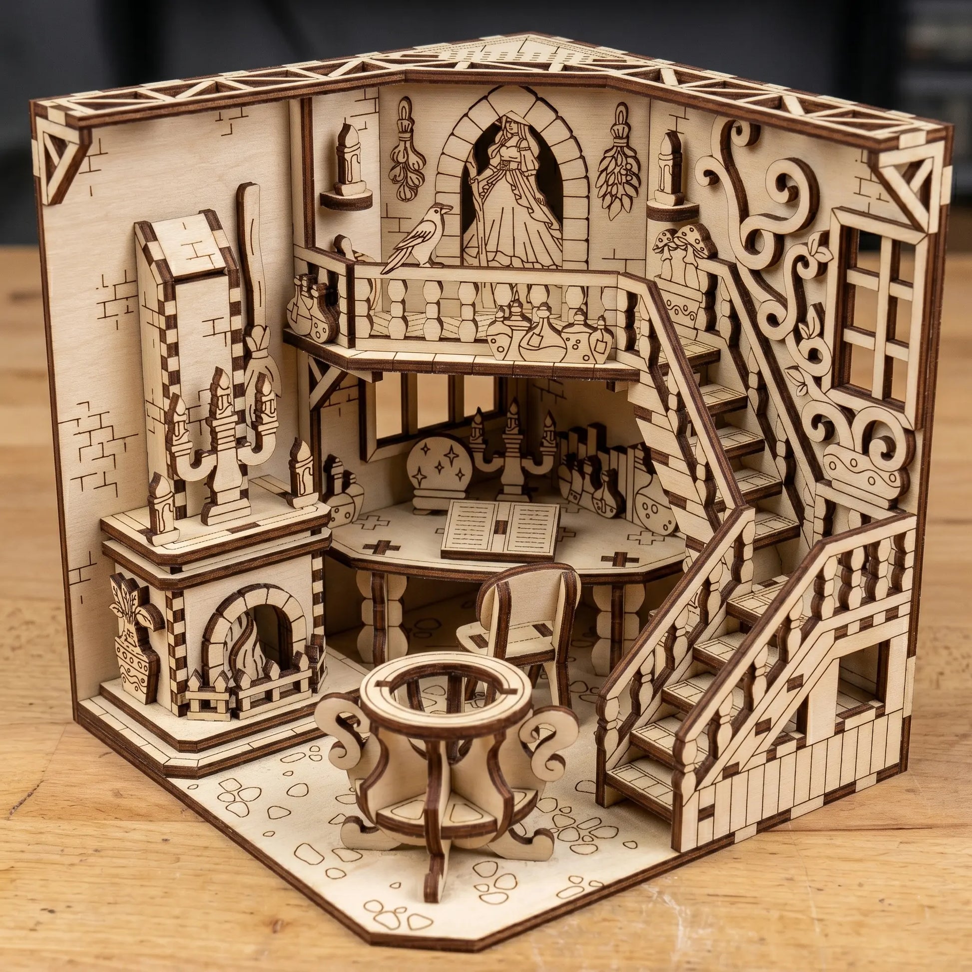 Wooden witch house book nook of a detailed interior scene with furniture and decor on a wooden surface.