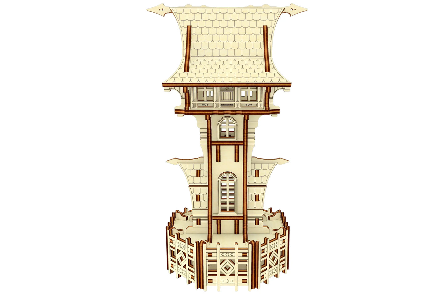 Straight back view of a 3D fairy tale wizard tower model crafted from detailed layered laser cut plywood lines.