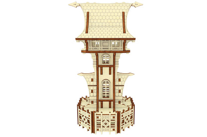 Straight back view of a 3D fairy tale wizard tower model crafted from detailed layered laser cut plywood lines.