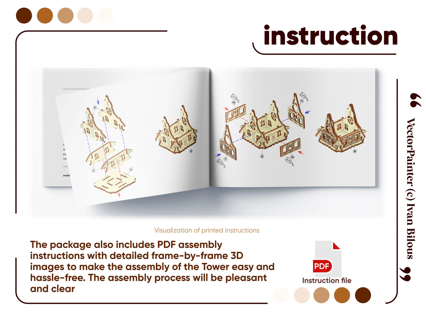 Open instruction book page displaying frame-by-frame 3D assembly diagrams for the laser cut plywood tower model.