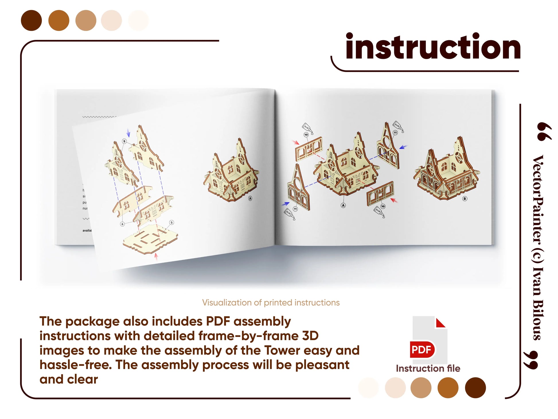 Open instruction book page displaying frame-by-frame 3D assembly diagrams for the laser cut plywood tower model.