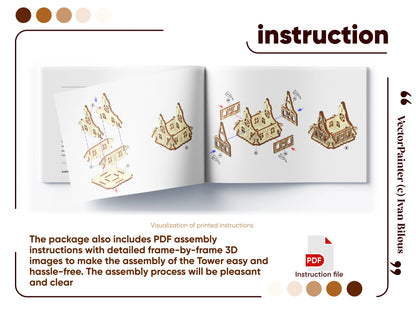 Open instruction book page displaying frame-by-frame 3D assembly diagrams for the laser cut plywood tower model.