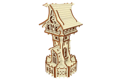 Three-quarter view of a detailed 3D miniature magical tower model made from laser cut plywood sheet materials.