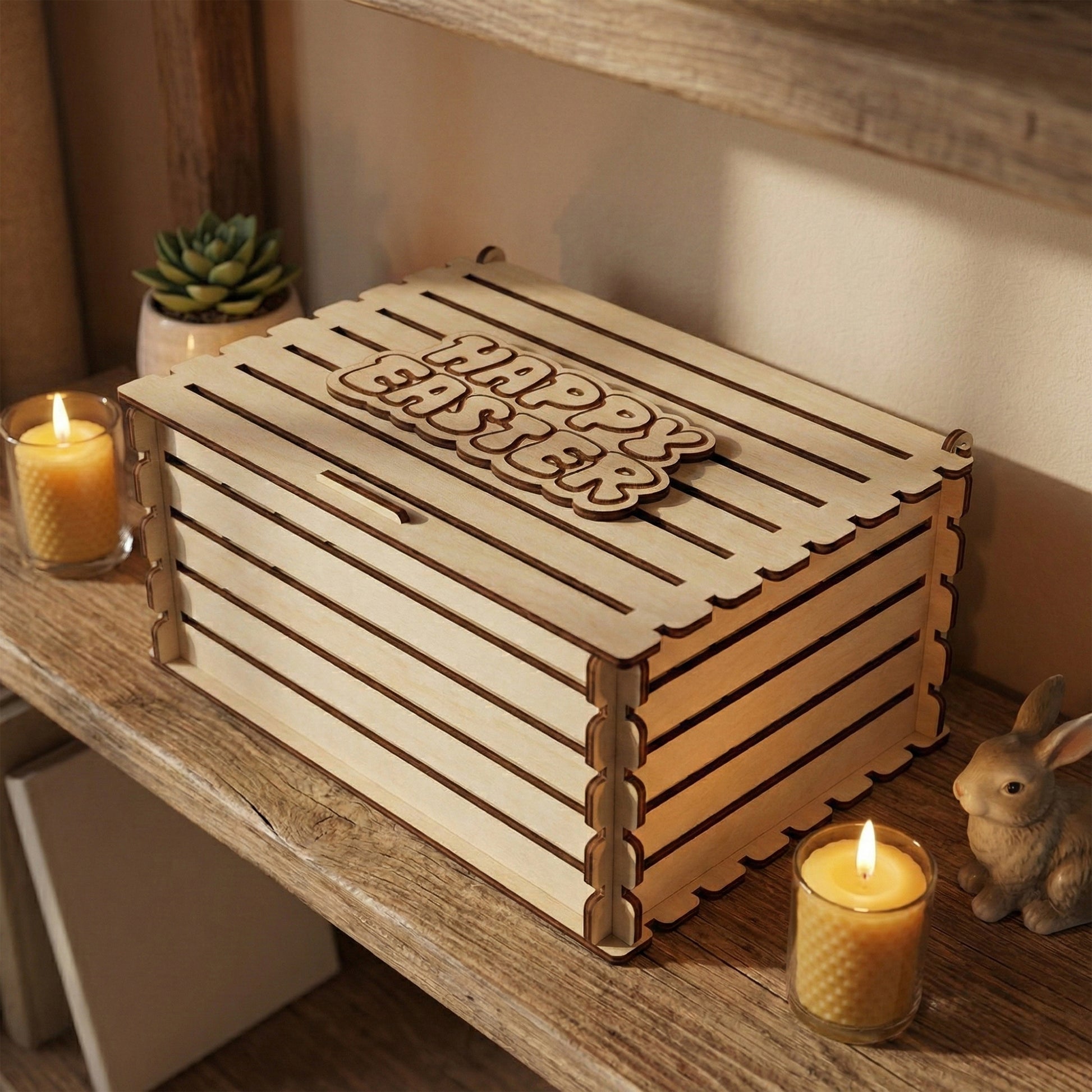 A rectangular crate-style gift box made of laser cut plywood with horizontal slats. The lid features a raised wooden "Happy Easter" sign. It is displayed on a wooden shelf next to candles, a small succulent, and a bunny figurine.