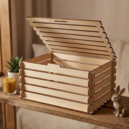An open laser cut plywood crate showing the interior and the flexible slatted lid design. The natural wood grain is visible against a cozy room background with a small candle and a decorative rabbit sitting on a wooden surface.v