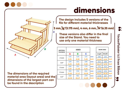 Laser cut miniature stand: Multiple tiers for showcasing - Dimensions
