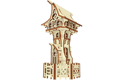 Three-quarter perspective view of a miniature fairy garden tower house model rendered from laser cut plywood layers.