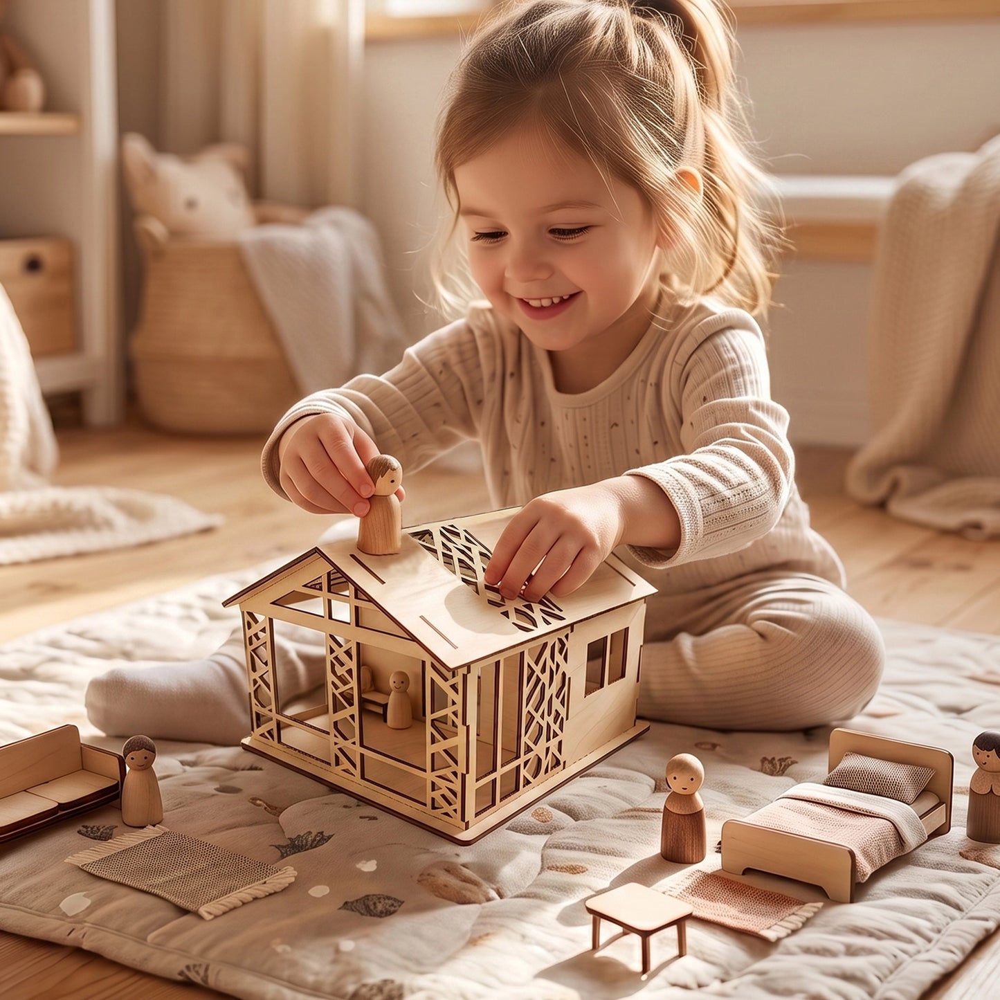A smiling child playing with a laser-cut birch plywood woodland dollhouse and wooden peg dolls on a cozy playroom rug.