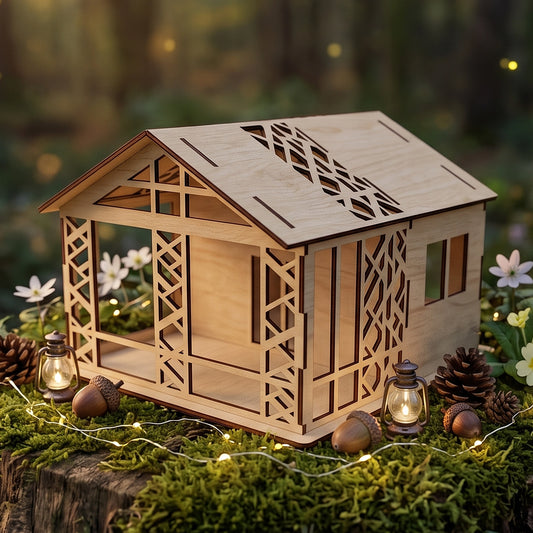 Laser-cut birch plywood woodland dollhouse on moss in a forest setting with mini lanterns, acorns, and tiny white flowers.