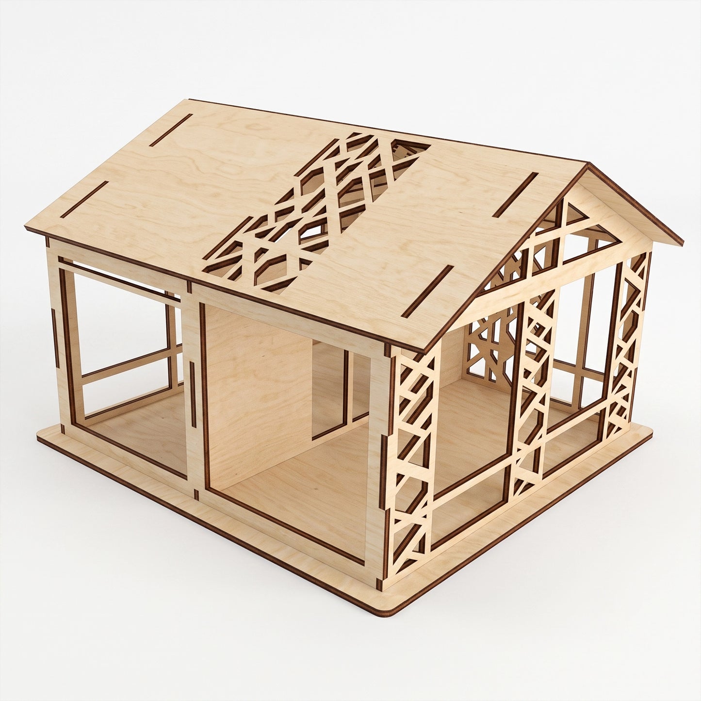 hree-quarter studio view of a laser-cut birch plywood woodland dollhouse showing open rooms and lattice details.