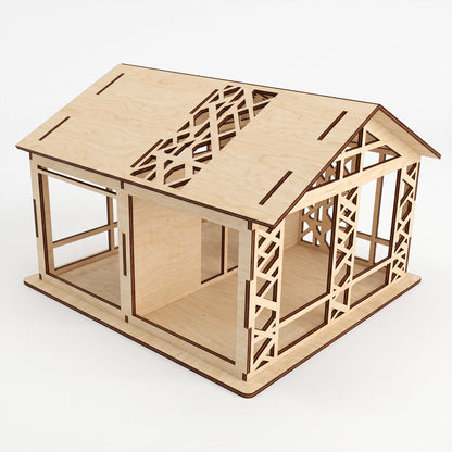 hree-quarter studio view of a laser-cut birch plywood woodland dollhouse showing open rooms and lattice details.
