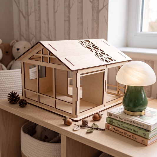 Laser-cut birch plywood woodland dollhouse styled on a shelf with children's books, a mushroom lamp, and pinecones
