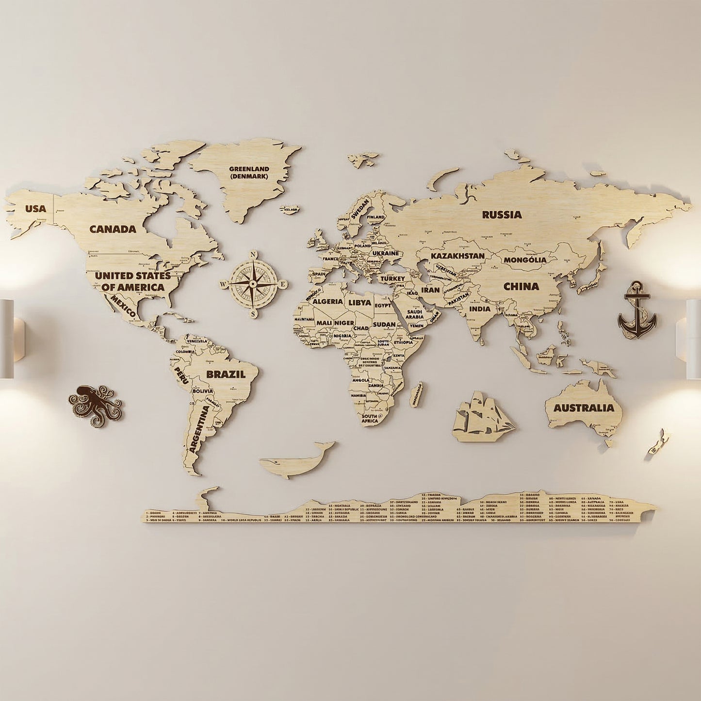 Full wall-mounted world map made from laser cut plywood. Light natural wood with dark engraved country names. Includes decorative compass, whale, octopus, and anchor icons. A numbered country key is positioned at the base.
