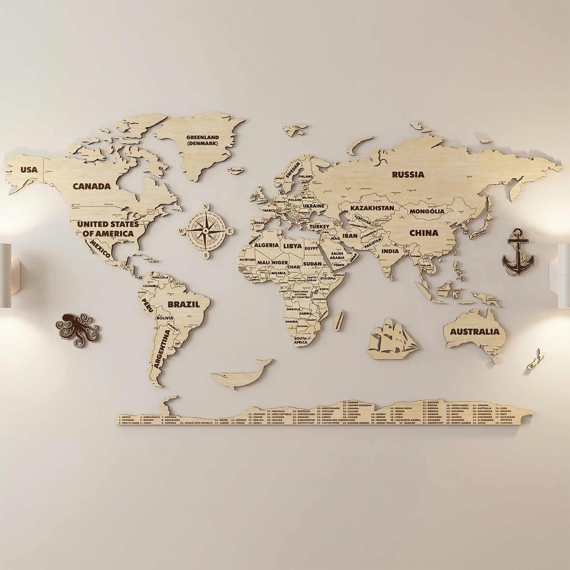 Full wall-mounted world map made from laser cut plywood. Light natural wood with dark engraved country names. Includes decorative compass, whale, octopus, and anchor icons. A numbered country key is positioned at the base.