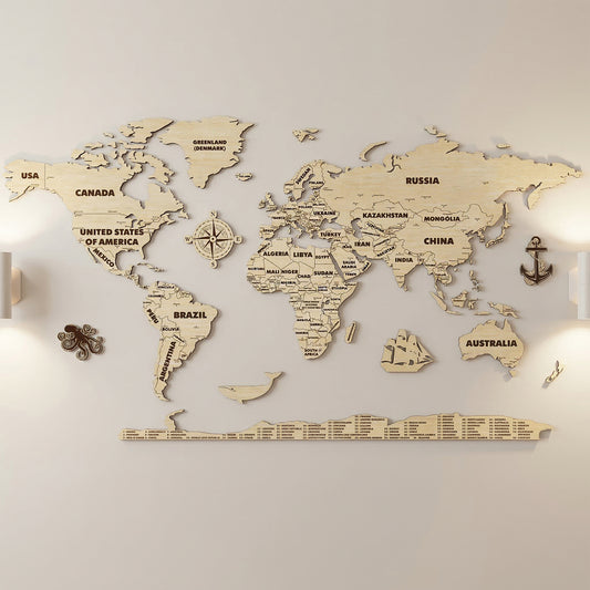 Full wall-mounted world map made from laser cut plywood. Light natural wood with dark engraved country names. Includes decorative compass, whale, octopus, and anchor icons. A numbered country key is positioned at the base.