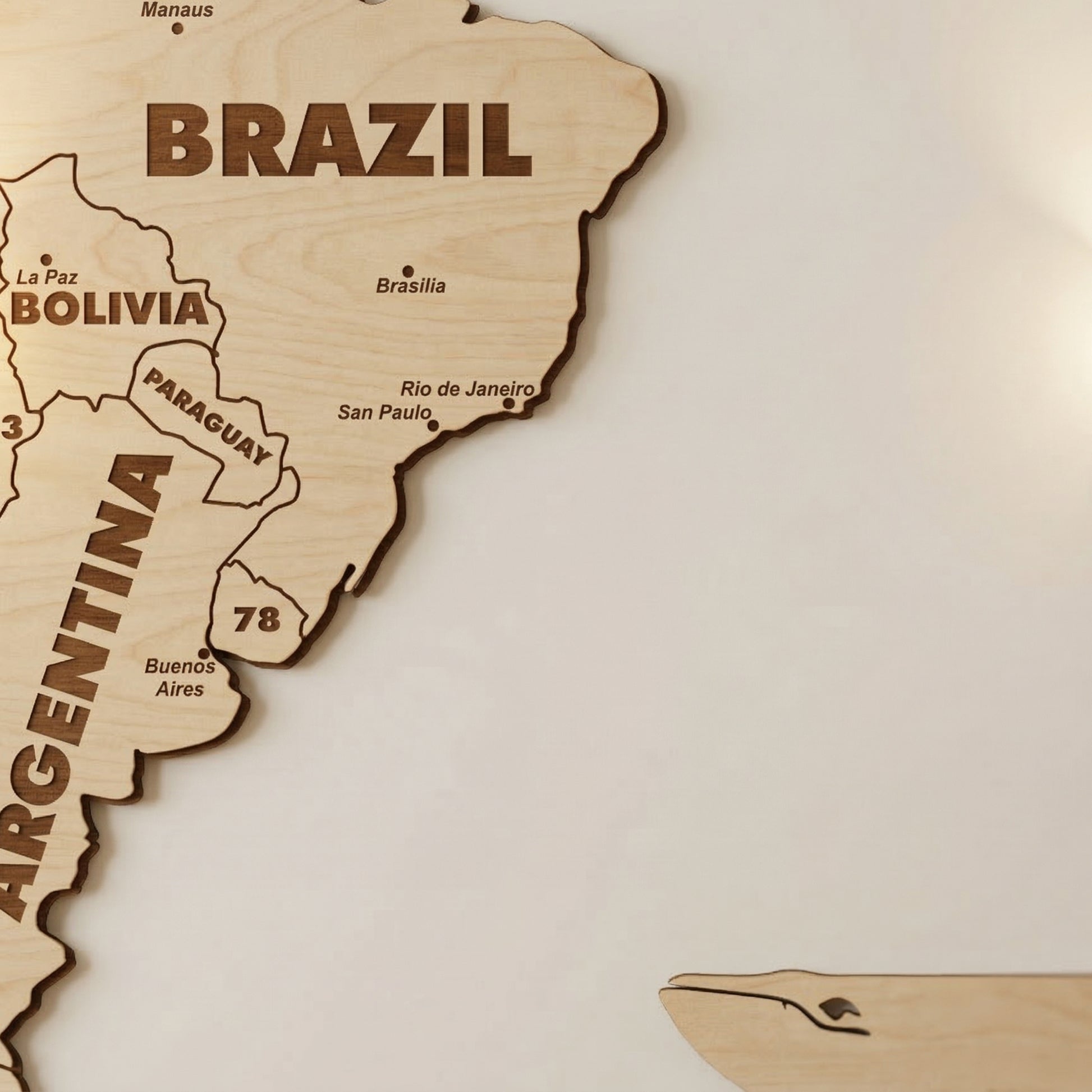 Detailed view of South America on the laser cut plywood world map. Brazil and Argentina are engraved with city names like Rio de Janeiro. Shows the natural wood texture and a decorative whale silhouette cutout in the bottom corner.